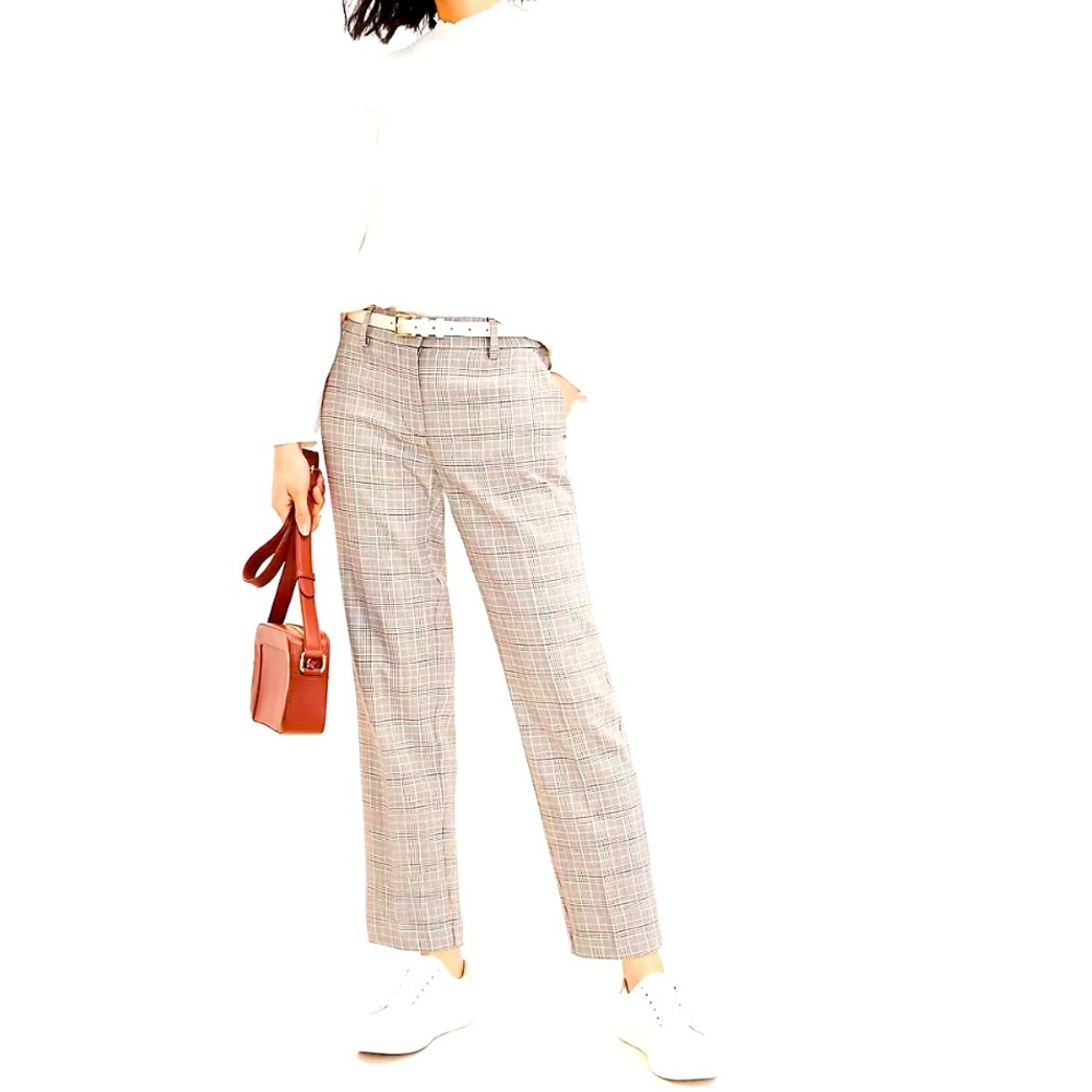 NEW Loft Plaid Pants High Waist Straight Leg Trousers Women Plus 14 black/white